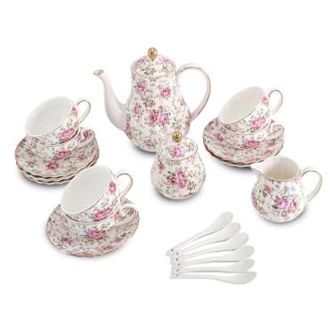 Imagem de Agyiuns Conjunto de 6 xícaras de chá de porcelana e pires com conjunto de açúcar e creme e bule de chá, bule de chá para adultos (branco com flor)