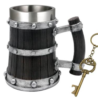 Imagem de Caneca de cerveja de madeira viking medieval - copo de aço inoxidável nórdico de 595 g presentes viking caneca de café/cerveja para homens decoração nórdica