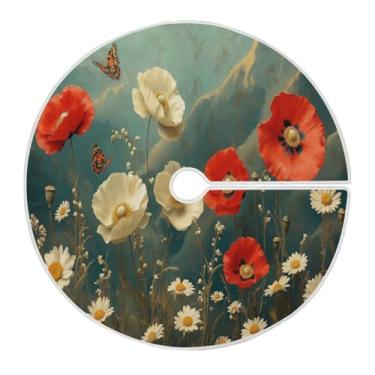 Imagem de Blueangle Saia de árvore de Natal floral vermelha de 120 cm - poliéster macio e resistente a rugas, decoração de férias para festas de Natal, árvore festiva e decoração de casa (230)