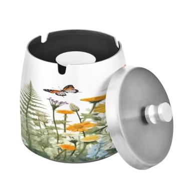 Imagem de Blueangle Cinzeiro de borboleta Wildflowers com tampa para cigarros, à prova de vento/à prova de chuva, aço inoxidável, sem fumaça, inodoro, cinzeiro para uso interno ou externo (425)
