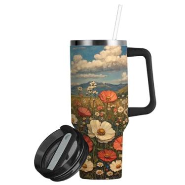 Imagem de ATTX Copo vintage de 850 g para pintura a óleo de flores silvestres com alça, copo de aço inoxidável a vácuo de parede dupla com palha, caneca de café isolada para viagem #840