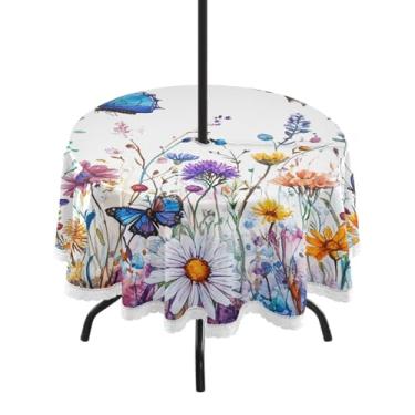 Imagem de ATTX Toalha de mesa redonda Spring Wildflowers ao ar livre – 152 cm, impermeável, à prova de derramamento, uso interno/externo, com orifício para guarda-chuva com zíper para acampamento, piquenique