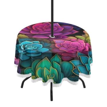 Imagem de ATTX Toalha de mesa redonda colorida suculentas ao ar livre – 152 cm, impermeável, à prova de derramamento, uso interno/externo, com orifício para guarda-chuva com zíper para acampamento, piquenique