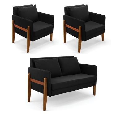 Imagem de Kit 1 Sofá Namoradeira E 2 Poltronas Lana Suede Base De Madeira - D'rossi Cor Preto