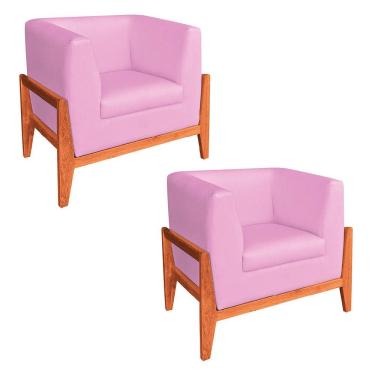 Imagem de Kit 02 Poltronas Lucy Linho Base Madeira Castanho D'rossi Rosa Chiclete A08