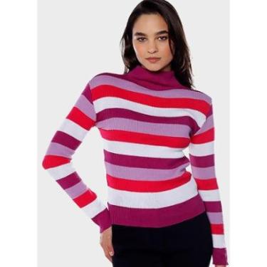 Imagem de Blusa de Tricot Listrada Gola Alta Sob Rosa e tamanho:P;cor:-Feminino