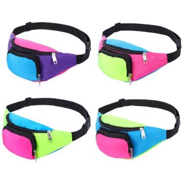 Imagem de 4 pochetes neon rave dos anos 80 com 2 bolsos, bolsa de cinto retrô para mulheres e homens, cor bloqueada anos 80, 90, acessórios plus size, bolsa de cinto para corrida de Halloween, festa de viagem