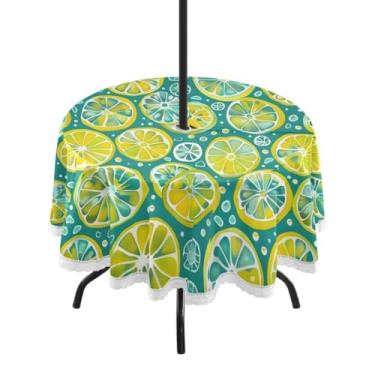 Imagem de CEBUGI Toalha de mesa redonda ao ar livre limão impermeável com furo Umberlla capa de mesa lavável para pátio, cozinha, sala de jantar 152 cm