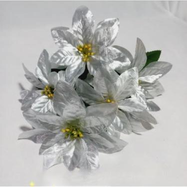 Imagem de Buquê Artificial Bico de Papagaio com 5 Flores Vermelhas – Decoração para Casamento, Natal, Festas e Casa(Prata)