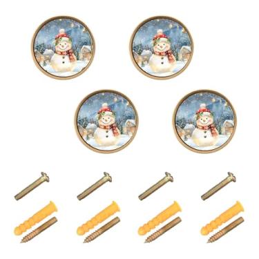 Imagem de CEBUGI Conjunto de 4 puxadores de armário redondos de boneco de neve de Natal com parafusos puxadores de armário de cozinha para gaveta porta guarda-roupa cômoda