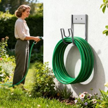 Imagem de Schine Gancho de mangueira de água de metal para parede externa - Suporte de mangueira de jardim resistente para armazenamento de mangueira expansível, carretel e mangueira flexível no quintal