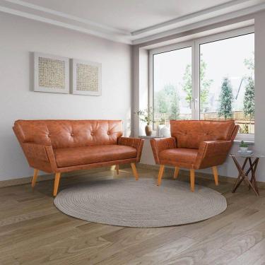 Imagem de Sofá Namoradeira E Poltrona Pé Palito Madeira Anitta Sintético Pu Nozes D03 - D`rossi