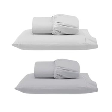 Imagem de Kit 2 Jogos de Lençol Solteiro com Elástico e Fronha Bordada em Ponto Palito, 4 Peças em Micropercal 300 Fios 100% Poliéster (2 Jogos Solteiro Versat (Branco/Cinza))