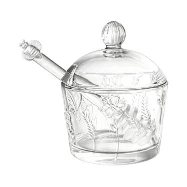 Imagem de Porta Mel Meleira de Vidro Premium com Colher (210 ml) – Design Lapidado e Elegante para Mel e Caldas