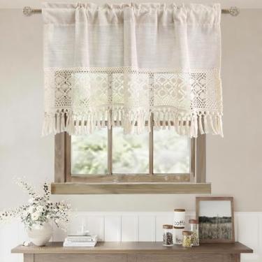 Imagem de KMSG Saia de linho boho para cozinha, saia transparente vintage com acabamento em renda de crochê, cortinas rústicas de café de fazenda, com franja de borla, tratamento de janela, bolso de varão, 1