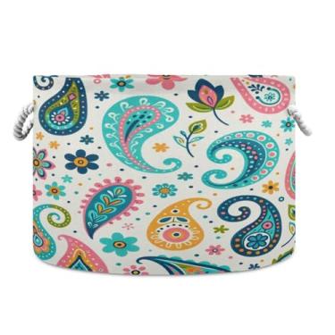 Imagem de JUZIHAI Cesto de armazenamento grande floral paisley, cesto de roupa suja dobrável à prova d'água com alças de corda de algodão para organização doméstica no quarto, banheiro e carro