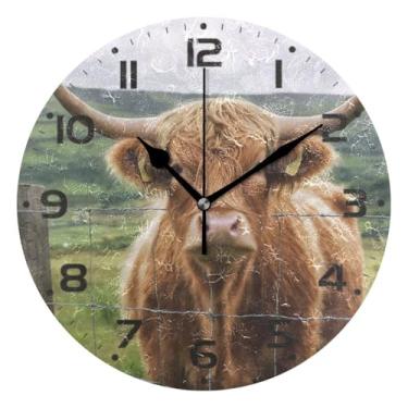 Imagem de JUZIHAI Relógio de parede Highland Cow, silencioso, redondo, sem tique-taque, operado por bateria, fácil de ler, relógio decorativo de parede para casa, cozinha, sala de estar, quarto, escritório, 25