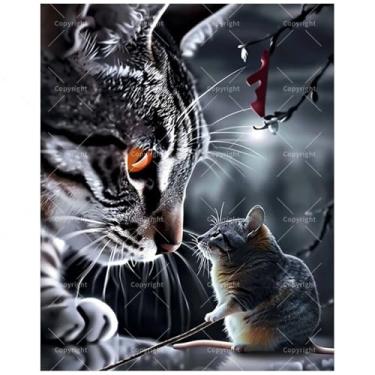 Imagem de TAOPAOLAB Kit de pintura animal por números para adultos – Pintura em tela DIY de gato e rato 40,6 x 50,8 cm, conjunto de tinta acrílica, adequado para iniciantes, arte peculiar para decoração de casa