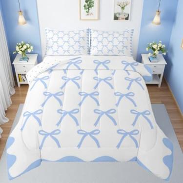 Imagem de Erosebridal Jogo de cama solteiro com laço azul fofo, simples, estilo princesa, fita sonhadora, laços, azul, elegante, enchimento de edredom