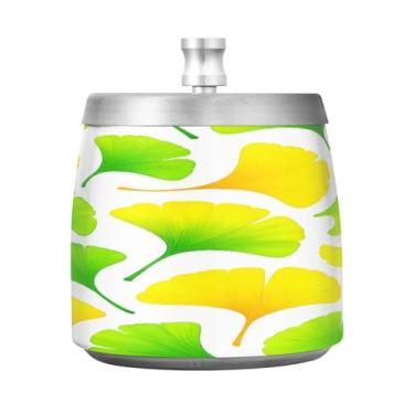 Imagem de Qilmy Cinzeiro de aço inoxidável com tampa padrão de ginkgo amarelo - Cinzeiro de cigarro à prova de vento sem cheiro sem fumaça para casa, escritório, carro, pátio, varanda (uso interno e externo)