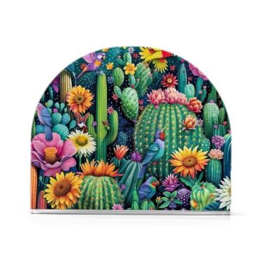 Imagem de Porta-guardanapos de tecido de jardim de cacto tropical, porta-guardanapos de plástico para lenços de coquetel, suporte de guardanapo vertical para organizar papel de cozinha