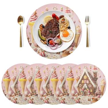 Imagem de Tapetes de mesa para casa de doces de gengibre, 6 tapetes de PVC redondos de 38 cm para uso ao ar livre para mesa de pátio, jogo americano antiderrapante para festa de Natal