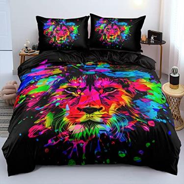 Imagem de Holiyjog Capa de edredom de leão dormindo 3D fronha padrão animal selvagem capas de edredom cor camelo conjunto de cama meninos decoração de quarto tamanho queen