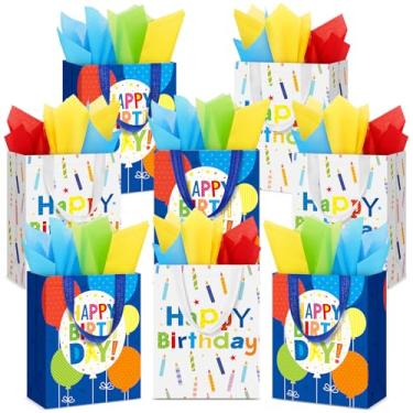 Imagem de Teenyyou Sacos de presente de feliz aniversário com papel de seda reutilizáveis sacos de embrulho não tecidos com alça 26 x 21 x 10 cm para presente de festa de aniversário (8 peças)