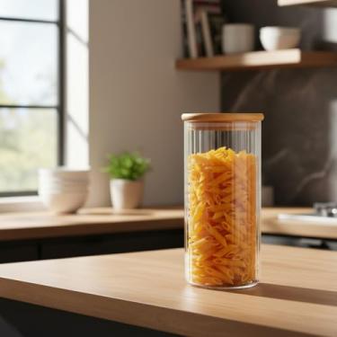Imagem de Pote de Vidro Canelado 1050ml com Tampa de Bambu Hermética – Armazenamento para Mantimentos, Grãos e Café