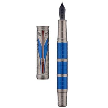 Imagem de Hongdian Caneta-tinteiro D5X ponta fina de cor azul, totem chinês retrô da Dinastia Qin com gravação suave com conversor e conjunto de caixa de caneta