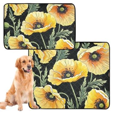Imagem de Almofada de xixi de desenho animado de flores amarelas pretas para gatos laváveis para cães, tapete de gaiola de cachorro fofo, impermeável, absorvente, médio + grande, conjunto de 2