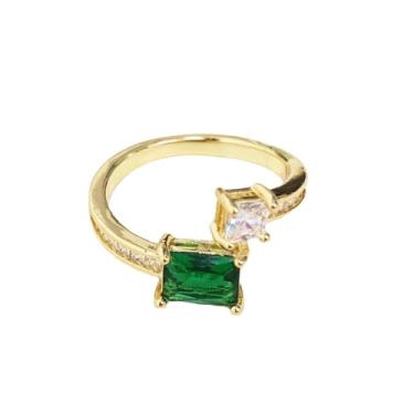 Imagem de OIDIMS Anéis geométricos de strass verde para mulheres minimalistas CZ pedras preciosas anel de dedo envoltório aberto anel de dedo delicado ajustável empilhável charme casamento aliança de noivado