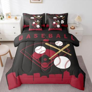 Imagem de Erosebridal Jogo de cama casal de beisebol com 7 peças, para crianças, adolescentes, adultos, homens, construção de cidade, preto e vermelho, Arizona, 7 peças