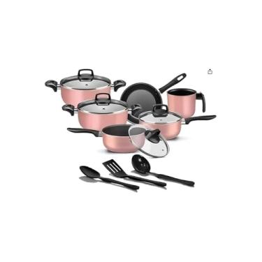 Imagem de Conjunto de Panelas Antiaderente 13 Peças, Alumínio, Rosa, Cabos em Baquelite, Tampa de Vidro, com Frigideiras e Formas
