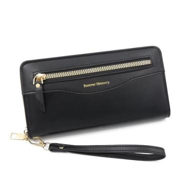 Imagem de Carteira feminina de couro genuíno com dobra dupla/tripla - Suporte minimalista para cartão de crédito com bloqueio de RFID e bolso para moedas, Preto, Casual