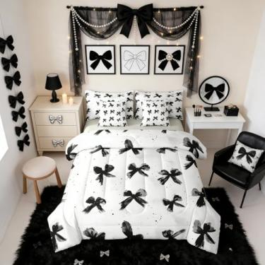 Imagem de Erosebridal Jogo de cama solteiro com laço preto, gravata borboleta, 7 peças, lençol com laço coquete, lençol e fronhas, bonito para meninas