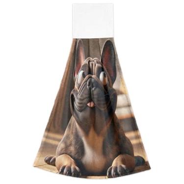 Imagem de Toalhas de cozinha de mão com laço para pendurar cachorro engraçado buldogue francês forno toalhas de dedo conjunto de 2, toalha de mão de cozinha ultra absorvente decorativa, 18,2 x 14 polegadas