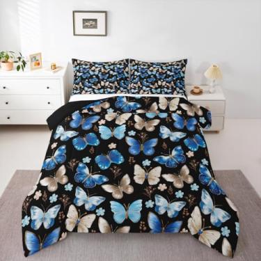 Imagem de Erosebridal Jogo de cama solteiro com borboleta azul, elegante, elegante, estética, borboletas, coquete, decoração de quarto, floral, ramos e edredom