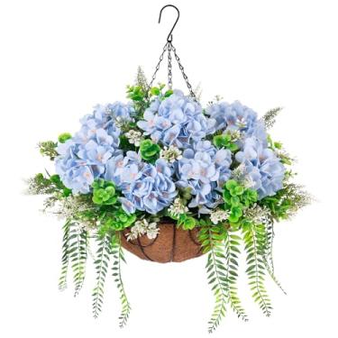 Imagem de Ammyoo Vaso de flores artificiais em cesta suspensa para decoração de primavera e verão, hortênsia de seda para ambientes internos e externos, cesta de forro de coco de metal de 30 cm com planta