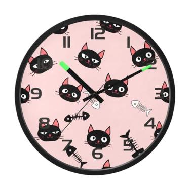 Imagem de CEBUGI Relógio de parede com luz noturna de 30,5 cm que brilha no escuro com sensor de voz, esqueletos de peixe e gato preto, operado por bateria, para decoração de quarto e sala de estar