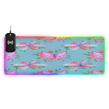 Imagem de CEBUGI Butterflies Mouse Pad de carregamento sem fio 15W mouse pad rápido para jogos com 14 iluminação LED RGB para jogos, PC, laptop, mesa 90,9 x 39,9 cm