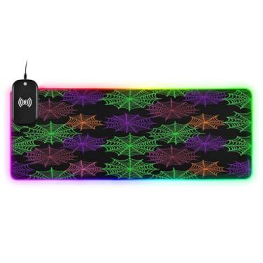 Imagem de CEBUGI Mouse pad de carregamento sem fio com teias neon coloridas de 15 W com iluminação LED RGB 14 para jogos, PC, laptop, mesa de 80 x 30 cm