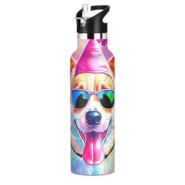 Imagem de Garrafa de água isolada de 590 ml com tampa e alça de palha, garrafas de água escolar à prova de vazamento para meninas, copos infantis de aço inoxidável a vácuo de parede dupla, cachorro colorido