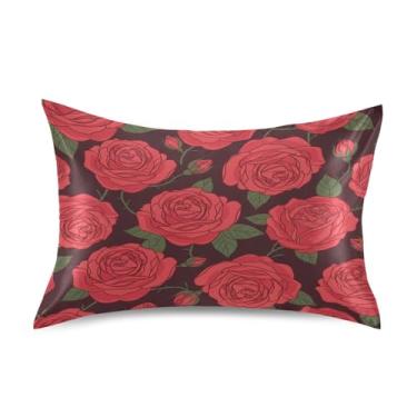 Imagem de Blueangle Fronha de cetim refrescante para cabelo e pele, capa de almofada de rosas vermelhas dos namorados, tamanho padrão 51 x 66 cm com fecho de envelope (622)