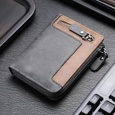 Imagem de Carteira masculina com logotipo bordado no bolso frontal com zíper, organizador compacto para cartões de dinheiro, moedas, compras e passeios casuais, cinza