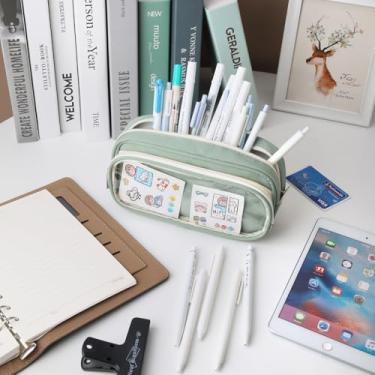 Imagem de Estojo de lápis de grande capacidade com compartimentos, bolsa de lápis transparente fofa com zíper, bolsa grande para canetas de armazenamento para homens e mulheres, bolsa de papelaria para adultos