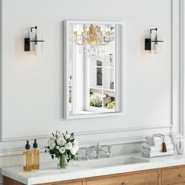 Imagem de Syndra Espelhos de banheiro modernos de 55 x 76 cm para pia, espelho de parede rústico com moldura de madeira, espelho de banheiro de fazenda para quarto, sala de estar, entrada, pendurar vertical ou