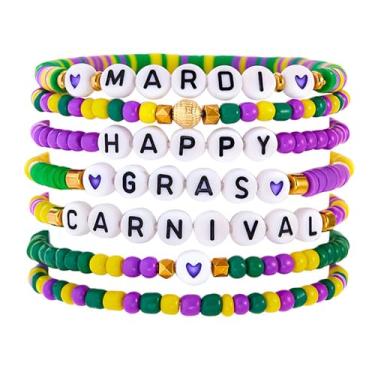 Imagem de coadipress Pulseiras femininas de carnaval de argila de polímero Heishi pulseira elástica máscara flor de lis, joias de férias de carnaval, Middle, Liga de aço, Sem Pedra Preciosa