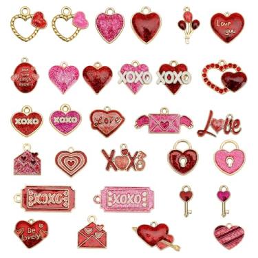 Imagem de Kzikbxh 30 berloques de Dia dos Namorados, amuletos de coração vermelho LOVE XOXO para fazer joias, suprimentos de artesanato DIY para pulseiras, colar, brincos, acessórios DIY para presente de dia