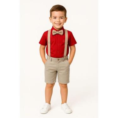 Imagem de Conjunto Camisa Social Bermuda Suspensório Gravata Menino - Luar encan
